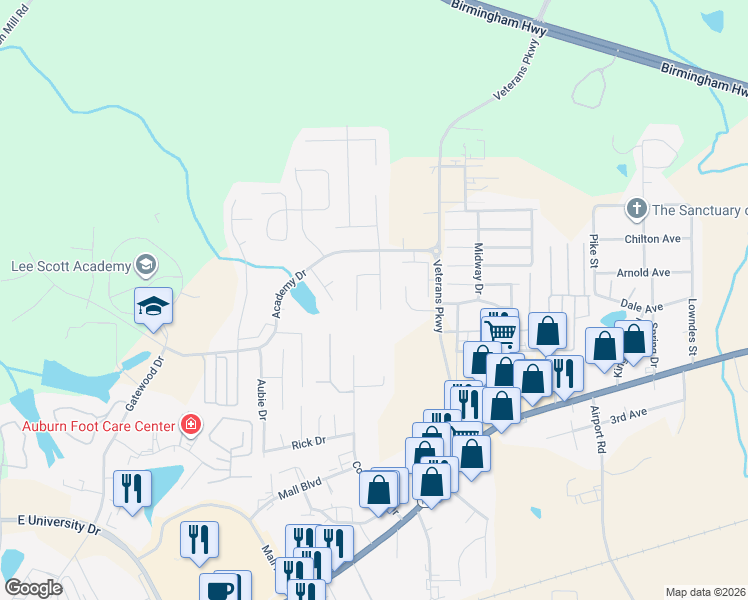 map of restaurants, bars, coffee shops, grocery stores, and more near 1413 Finchley Court in Opelika