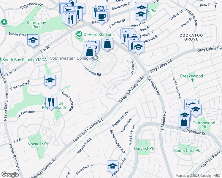 map of restaurants, bars, coffee shops, grocery stores, and more near 1518 Apache Drive in Chula Vista