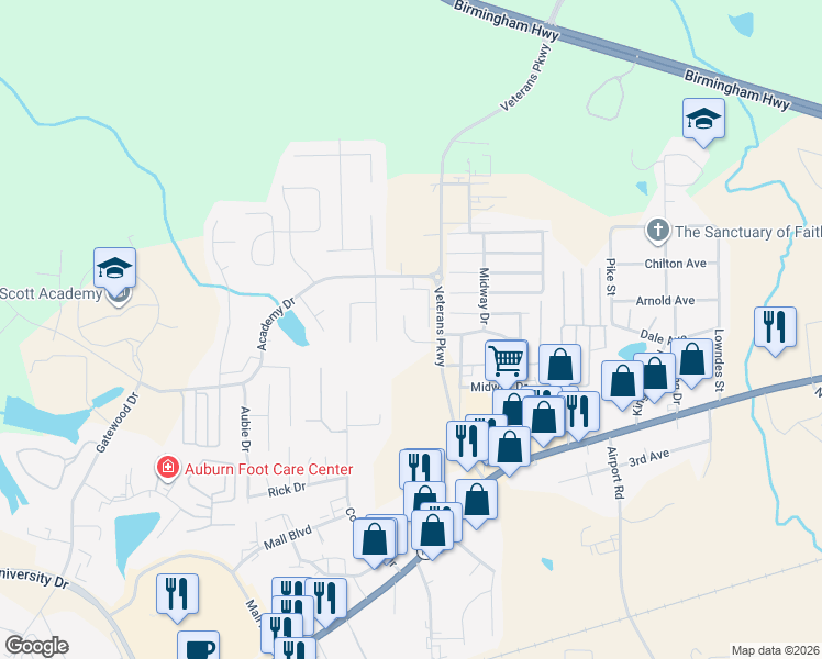 map of restaurants, bars, coffee shops, grocery stores, and more near 3918 Eagle Ridge Lane in Opelika