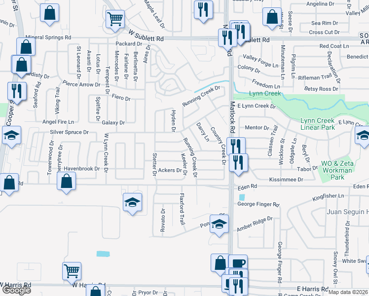 map of restaurants, bars, coffee shops, grocery stores, and more near 803 Quail Brook Drive in Arlington