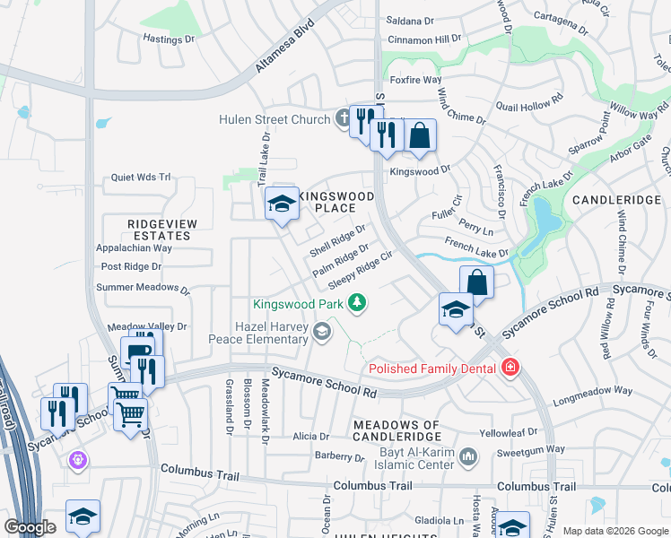 map of restaurants, bars, coffee shops, grocery stores, and more near 4813 Palm Ridge Drive in Fort Worth