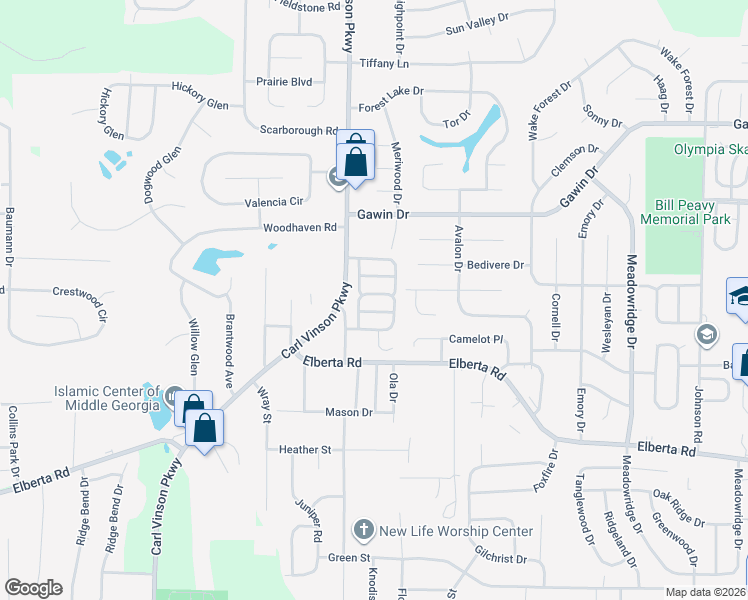 map of restaurants, bars, coffee shops, grocery stores, and more near 407 Eagles Landing Trail in Warner Robins