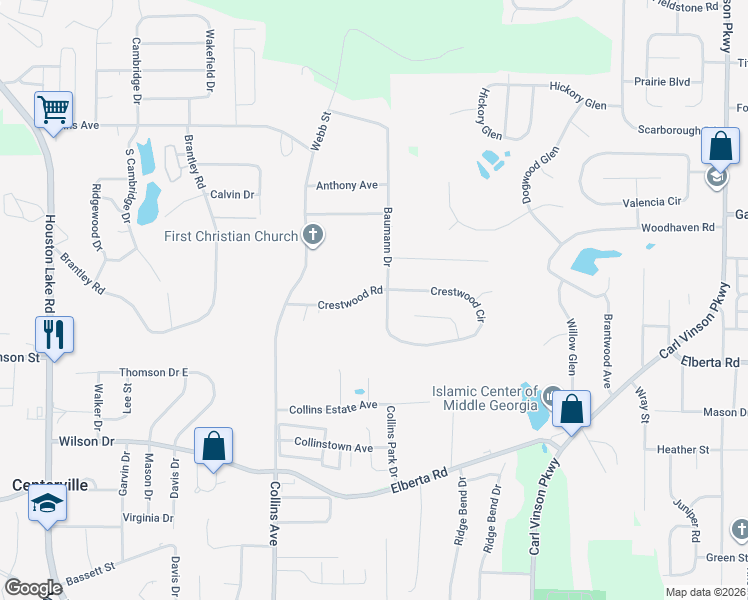 map of restaurants, bars, coffee shops, grocery stores, and more near 118 Crestwood Road in Warner Robins