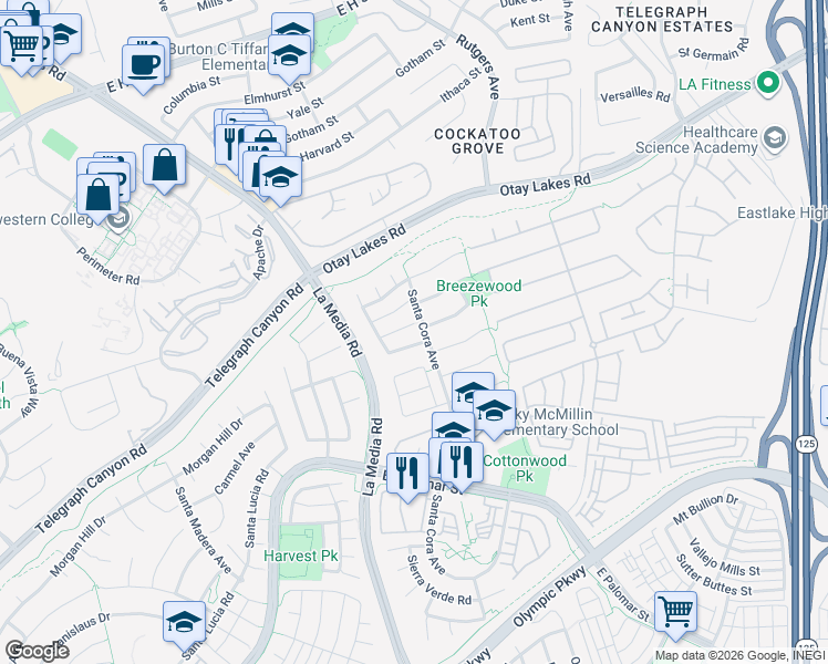 map of restaurants, bars, coffee shops, grocery stores, and more near 1726 Ravenrock Court in Chula Vista