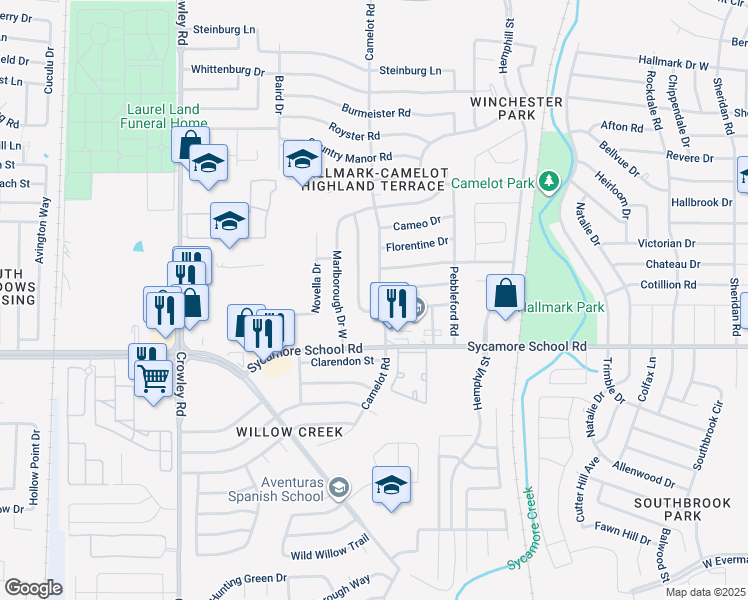 map of restaurants, bars, coffee shops, grocery stores, and more near 1321 Lyric Drive in Fort Worth