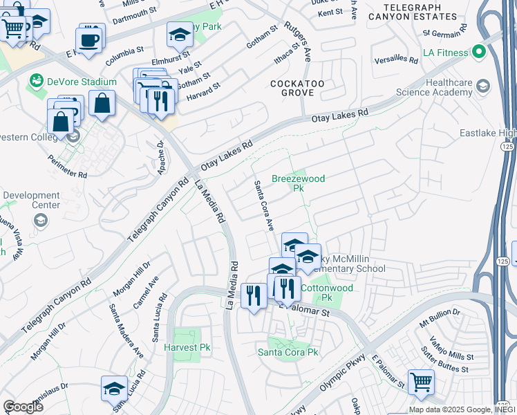 map of restaurants, bars, coffee shops, grocery stores, and more near 1726 Ravenrock Court in Chula Vista