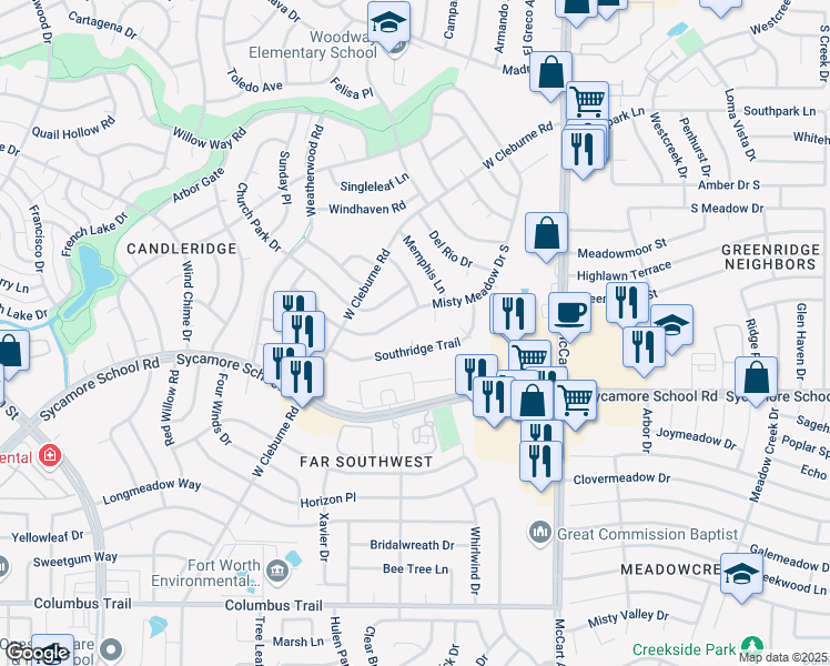 map of restaurants, bars, coffee shops, grocery stores, and more near 3708 South Court in Fort Worth