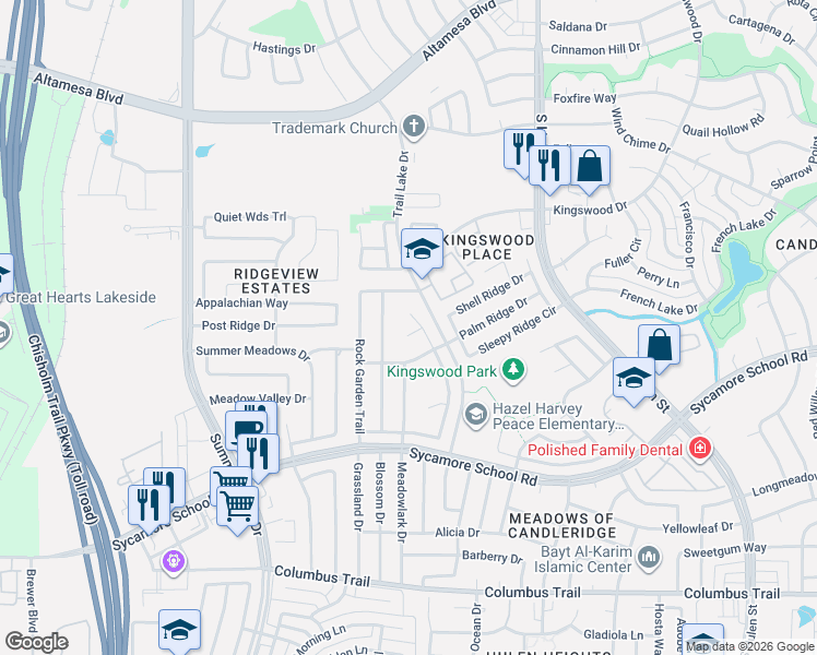 map of restaurants, bars, coffee shops, grocery stores, and more near 5004 Diamond Springs Court in Fort Worth
