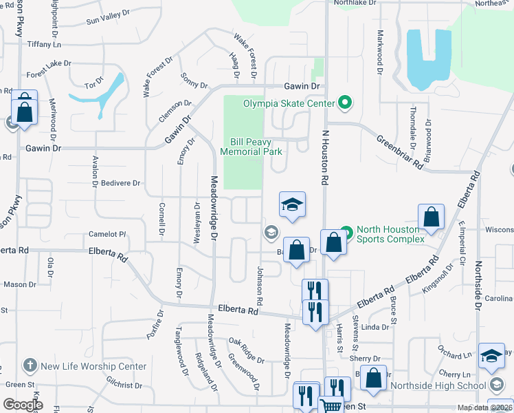 map of restaurants, bars, coffee shops, grocery stores, and more near 413 Johnson Road in Warner Robins