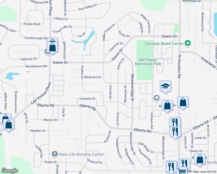 map of restaurants, bars, coffee shops, grocery stores, and more near 214 Cornell Dr in Warner Robins