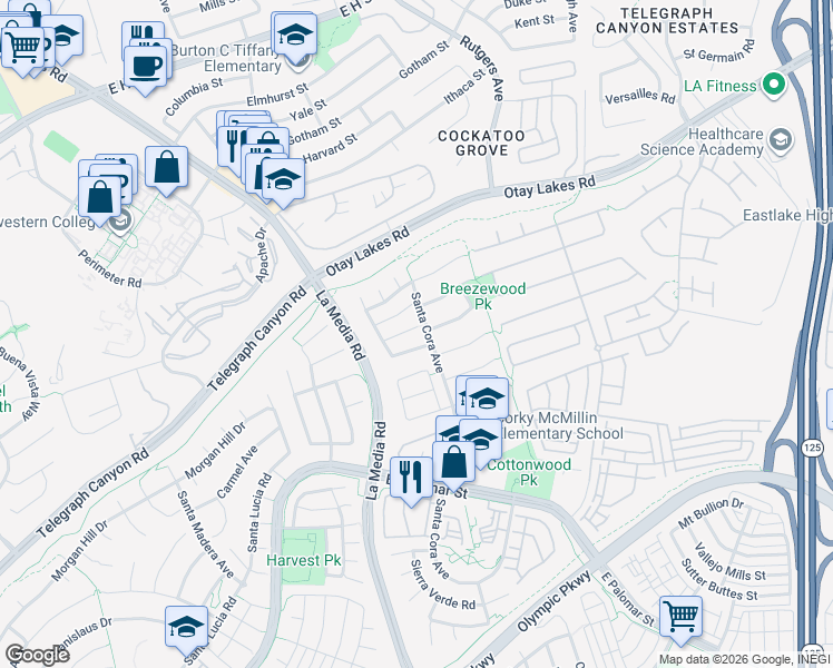 map of restaurants, bars, coffee shops, grocery stores, and more near 1726 Ravenrock Court in Chula Vista