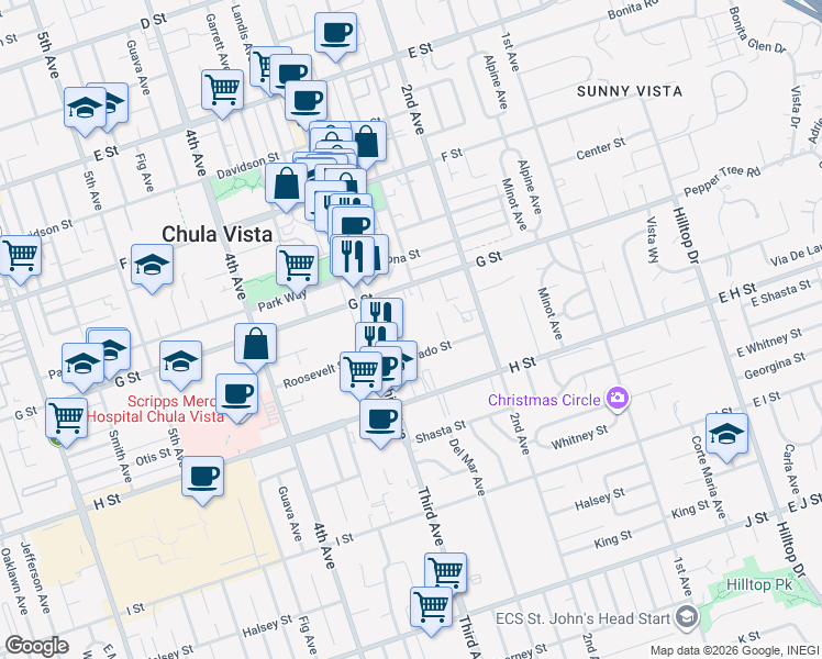 map of restaurants, bars, coffee shops, grocery stores, and more near 435 Church Avenue in Chula Vista