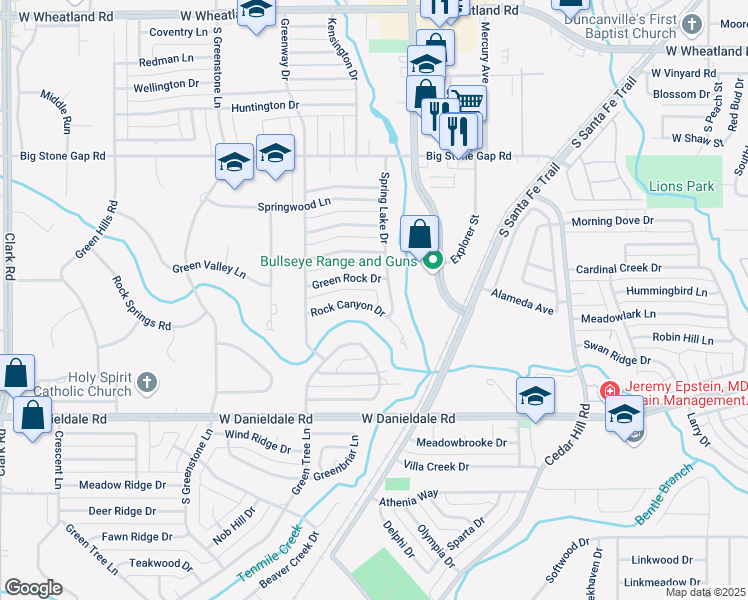 map of restaurants, bars, coffee shops, grocery stores, and more near 907 Rock Canyon Drive in Duncanville