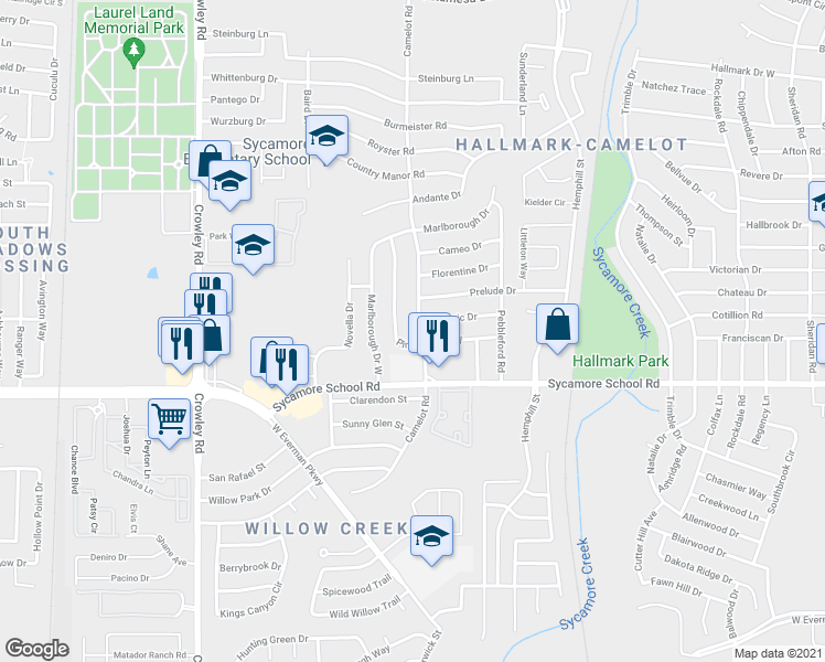 map of restaurants, bars, coffee shops, grocery stores, and more near 1321 Lyric Drive in Fort Worth