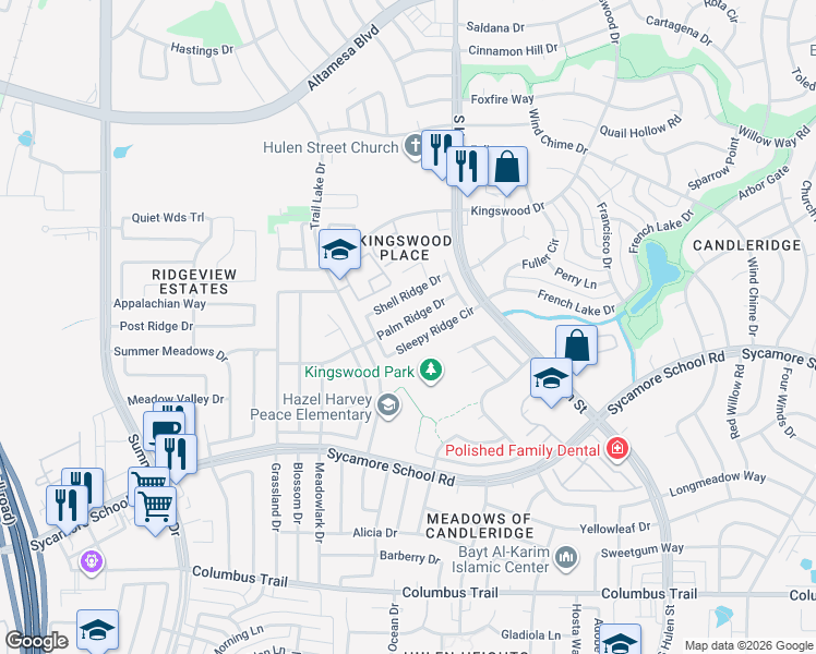 map of restaurants, bars, coffee shops, grocery stores, and more near 4809 Palm Ridge Drive in Fort Worth