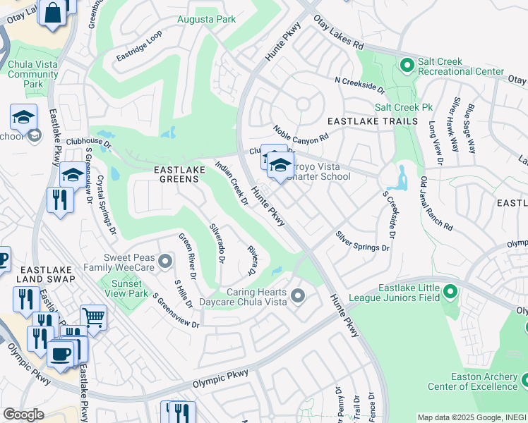 map of restaurants, bars, coffee shops, grocery stores, and more near 1321 Indian Creek Place in Chula Vista