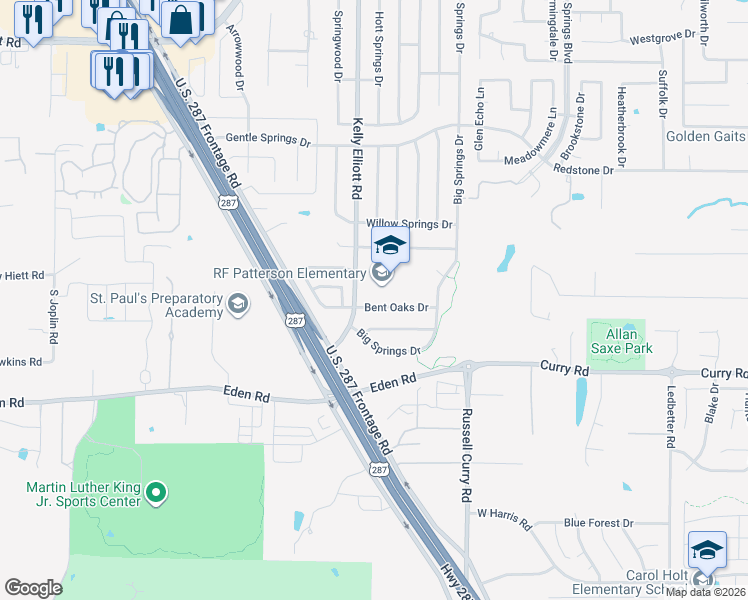 map of restaurants, bars, coffee shops, grocery stores, and more near 4201 Bent Oaks Drive in Arlington