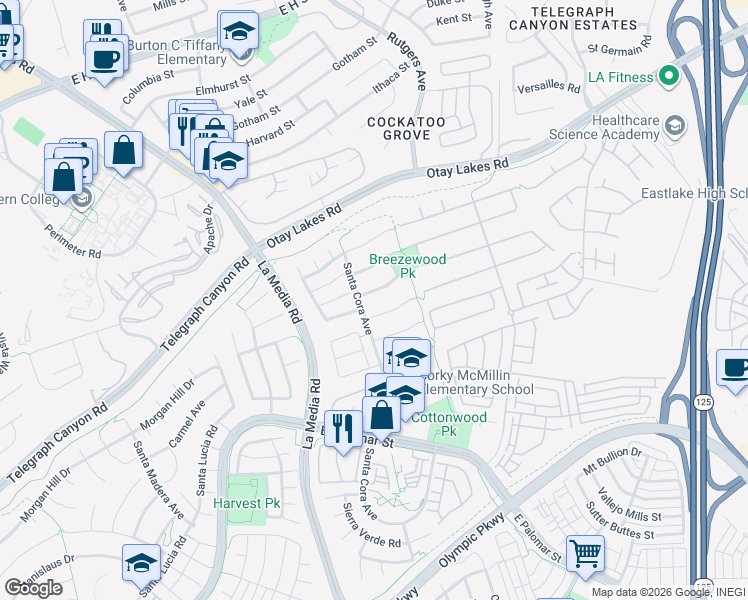 map of restaurants, bars, coffee shops, grocery stores, and more near 1754 Lone Tree Road in Chula Vista