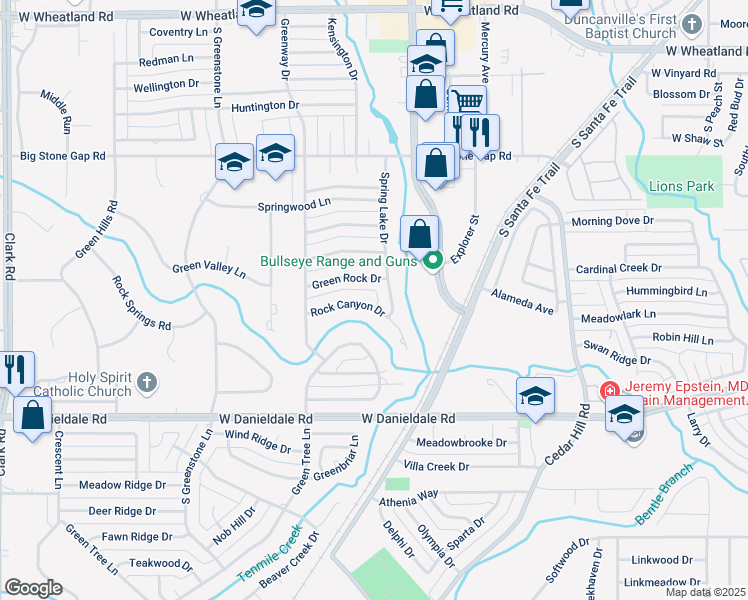 map of restaurants, bars, coffee shops, grocery stores, and more near 907 Rock Canyon Drive in Duncanville