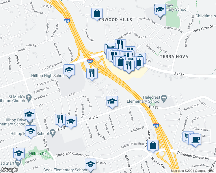 map of restaurants, bars, coffee shops, grocery stores, and more near 617 Windsor Circle in Chula Vista