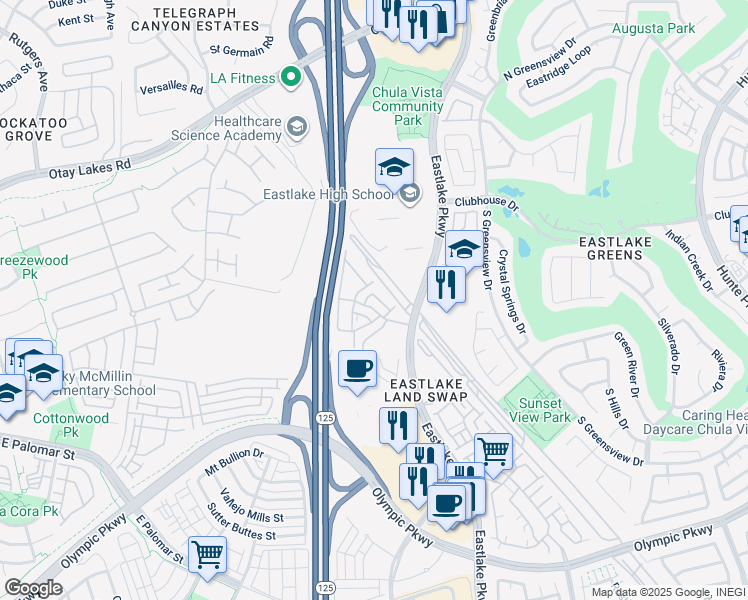 map of restaurants, bars, coffee shops, grocery stores, and more near 1203 Aruba Cove in Chula Vista