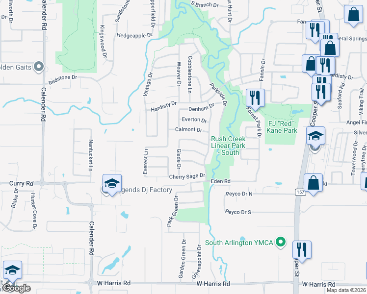 map of restaurants, bars, coffee shops, grocery stores, and more near 2323 Point Star Dr in Arlington