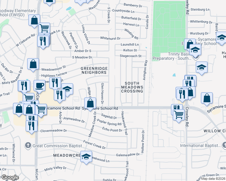 map of restaurants, bars, coffee shops, grocery stores, and more near 7308 Laurelhill Court South in Fort Worth