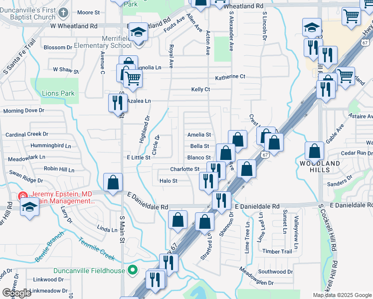 map of restaurants, bars, coffee shops, grocery stores, and more near 402 Bella Street in Duncanville