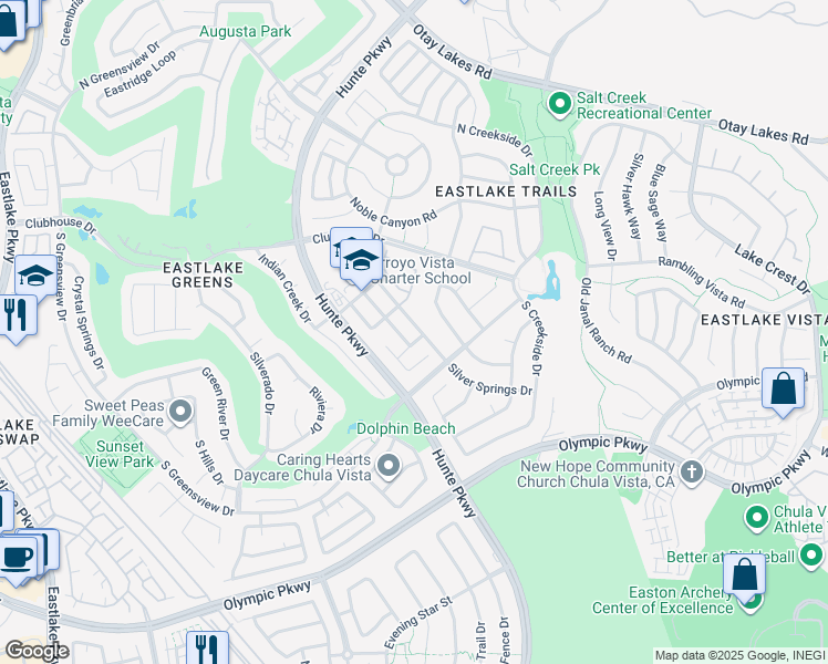 map of restaurants, bars, coffee shops, grocery stores, and more near 1358 Silver Springs Drive in Chula Vista