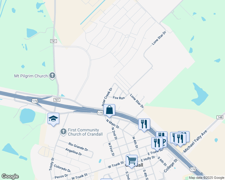 map of restaurants, bars, coffee shops, grocery stores, and more near 212 Briar Creek Drive in Crandall
