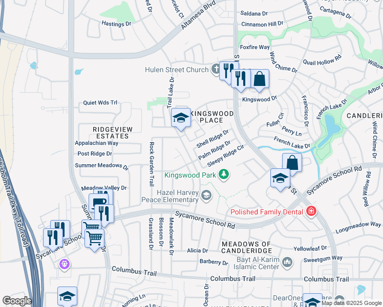 map of restaurants, bars, coffee shops, grocery stores, and more near 7366 Sleepy Ridge Circle in Fort Worth