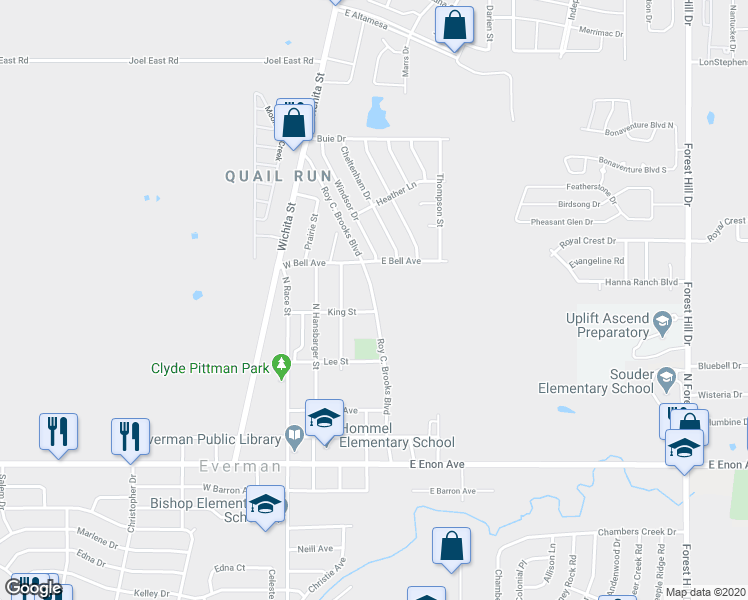 map of restaurants, bars, coffee shops, grocery stores, and more near Roy C. Brooks Boulevard in Everman