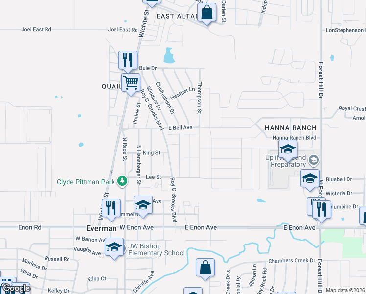 map of restaurants, bars, coffee shops, grocery stores, and more near Roy C. Brooks Boulevard in Everman