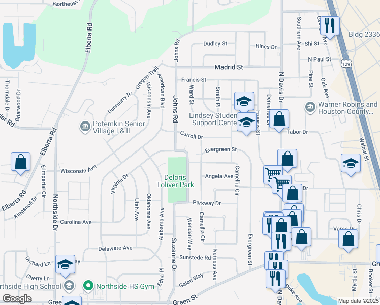 map of restaurants, bars, coffee shops, grocery stores, and more near 202 Sewell Circle in Warner Robins
