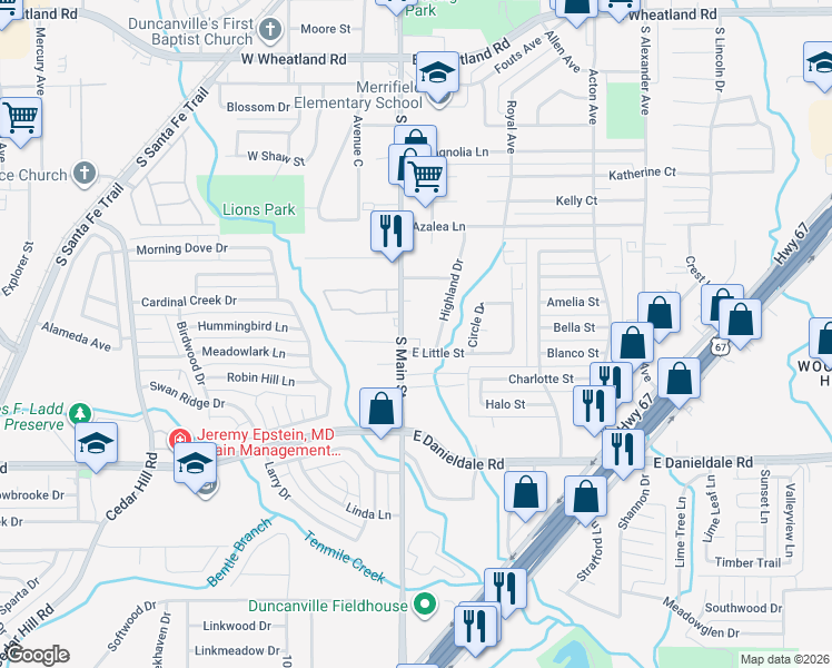 map of restaurants, bars, coffee shops, grocery stores, and more near 135 Austin Stone Drive in Duncanville