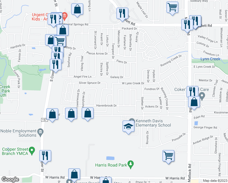map of restaurants, bars, coffee shops, grocery stores, and more near 6615 West Lynn Creek Drive in Arlington