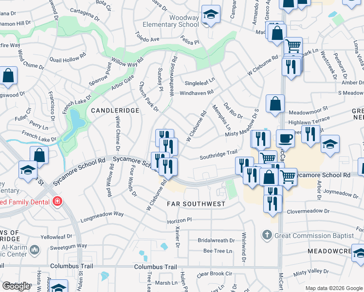 map of restaurants, bars, coffee shops, grocery stores, and more near 3901 Anewby Way in Fort Worth