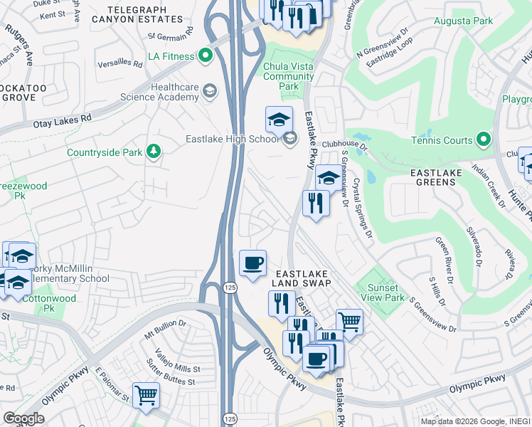 map of restaurants, bars, coffee shops, grocery stores, and more near 1206 Aruba Cove in Chula Vista