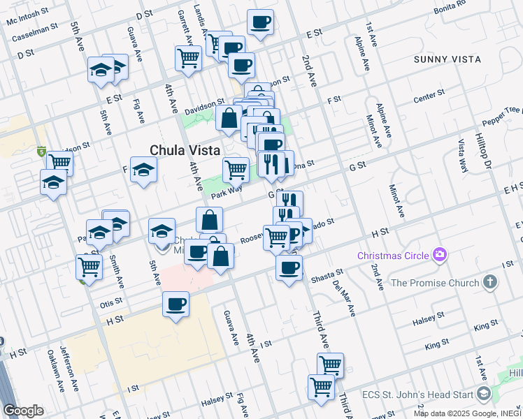 map of restaurants, bars, coffee shops, grocery stores, and more near 330 G Street in Chula Vista