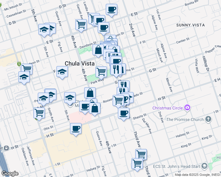 map of restaurants, bars, coffee shops, grocery stores, and more near 330 G Street in Chula Vista