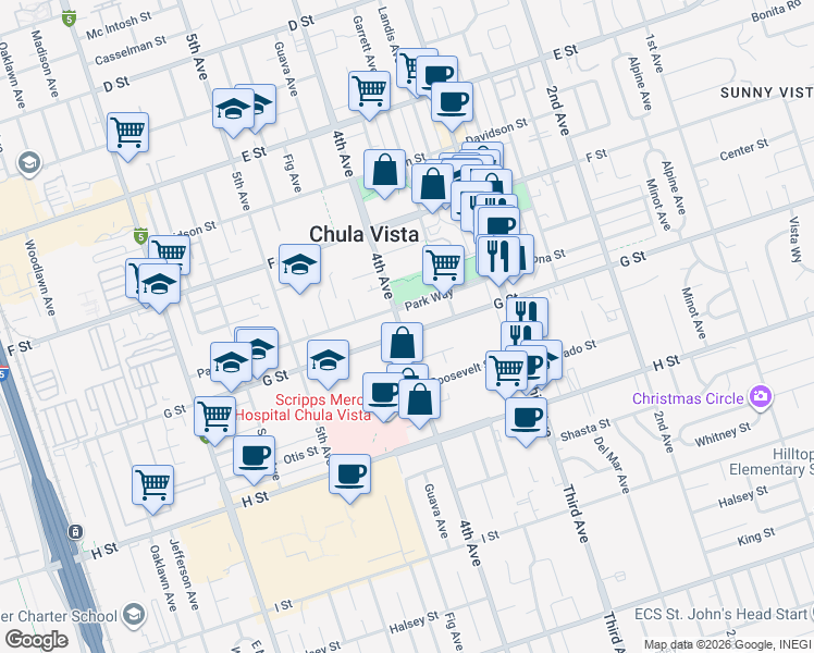 map of restaurants, bars, coffee shops, grocery stores, and more near 399 G Street in Chula Vista