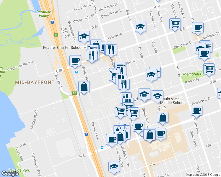 map of restaurants, bars, coffee shops, grocery stores, and more near 600 F Street in Chula Vista
