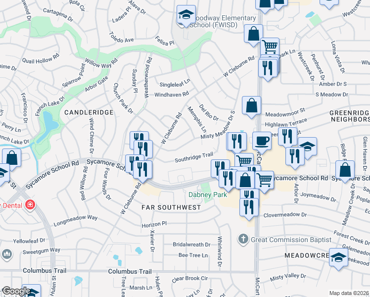 map of restaurants, bars, coffee shops, grocery stores, and more near 3708 South Court in Fort Worth