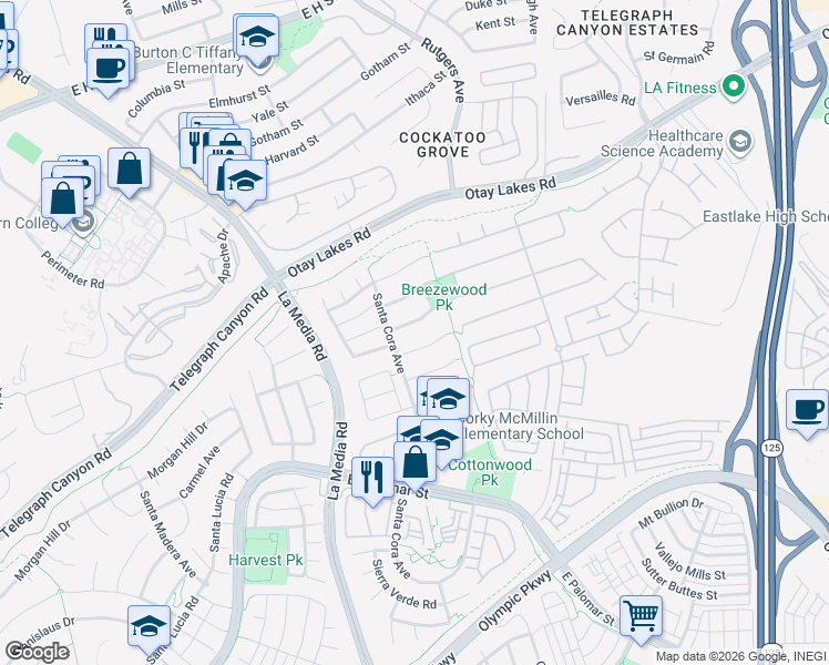 map of restaurants, bars, coffee shops, grocery stores, and more near 1754 Lone Tree Road in Chula Vista
