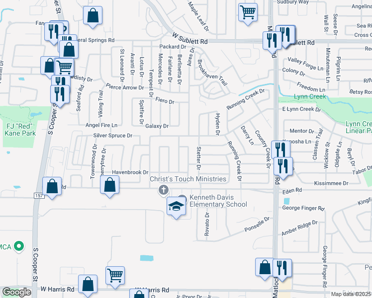 map of restaurants, bars, coffee shops, grocery stores, and more near 6604 Shoal Creek Drive in Arlington