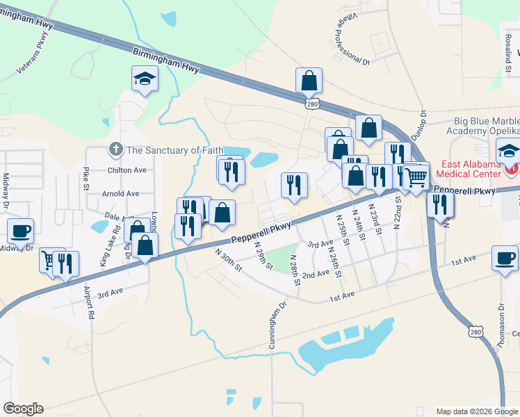 map of restaurants, bars, coffee shops, grocery stores, and more near 2900 Pepperell Parkway in Opelika