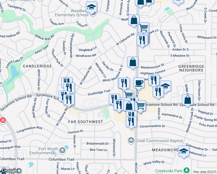 map of restaurants, bars, coffee shops, grocery stores, and more near 3705 Key West Court in Fort Worth