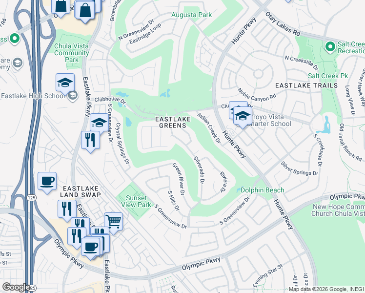 map of restaurants, bars, coffee shops, grocery stores, and more near 1230 Silverado Drive in Chula Vista
