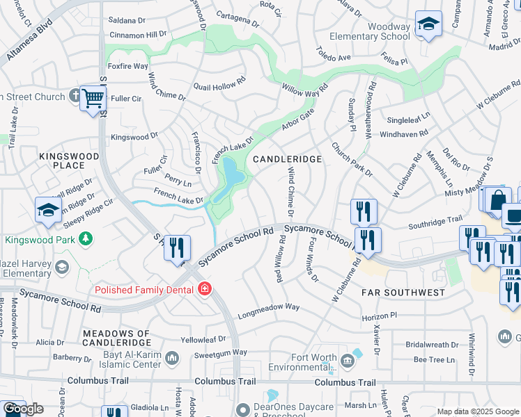map of restaurants, bars, coffee shops, grocery stores, and more near 4421 Misty Meadow Dr in Fort Worth