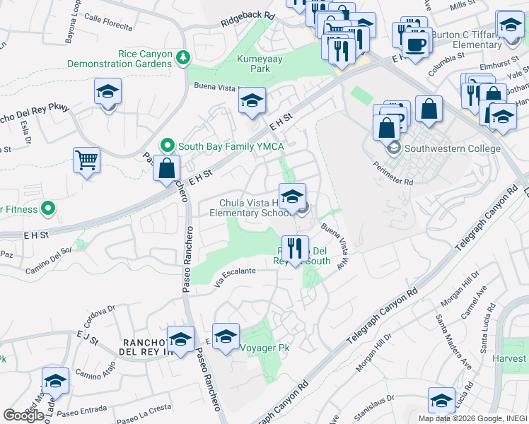 map of restaurants, bars, coffee shops, grocery stores, and more near 1390 Valencia Loop in Chula Vista
